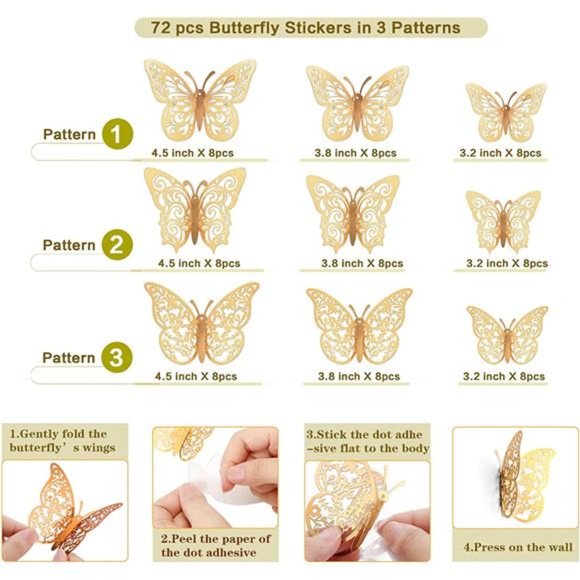 72 Pcs Gold Butterfly Decorations 3D Wall Decor, Butterfly Birthday Party - Picture 2 of 6